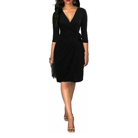 ⭐️BERYDRESS 3/4 sleeve v-Neck casual party work faux black wrap dress⭐️ - Picture 3 of 5